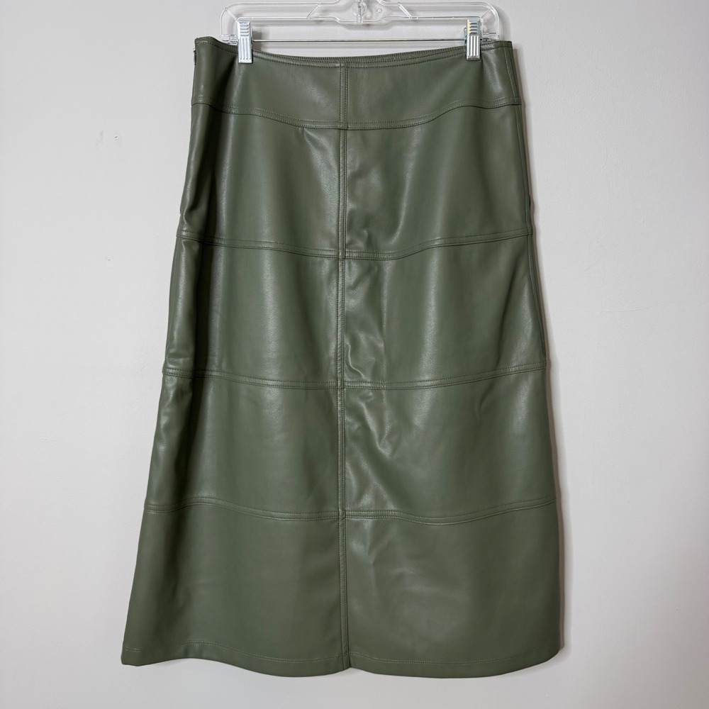 Cabi Faux Leather Skirt Womens 10 Green Kick It Midi A Line Slit Pockets 4765 - Picture 4 of 10